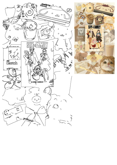 A charming collage featuring Spy x Family anime, cute teddy bears, Pompompurin items, and a cat in a bear hat, creating a kawaii arrangement.