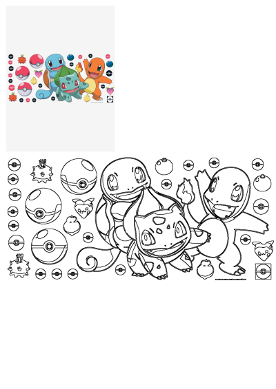 Pokemon Wall Stickers featuring colorful and outline illustrations of Charmander, Bulbasaur, and Squirtle along with various Poke Balls.
