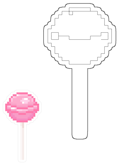 Pink pixel lollipop sticker with an 8-bit design, alongside a larger outline perfect for cutting or crafting.