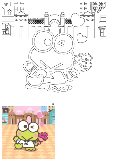 Keroppi, the cute cartoon frog, holds a heart bouquet in a charming cityscape with romantic buildings and archways.