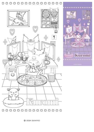 Cute Kuromi cartoon character in her gaming room, sitting at a desk with multiple monitors and a microphone, surrounded by purple decor.