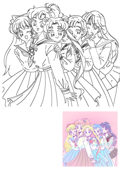 An adorable fanart depicting Sailor Moon and the Sailor Scouts in a lively group pose, showcasing their iconic school uniforms.