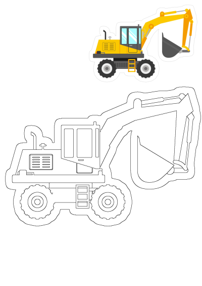 Vibrant yellow excavator construction vehicle clipart sticker with a bold black outline version for creative projects.