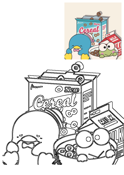 Pochacco and Keroppi, beloved cartoon characters, prepare to eat cereal from a bowl, alongside a cereal box and milk carton.