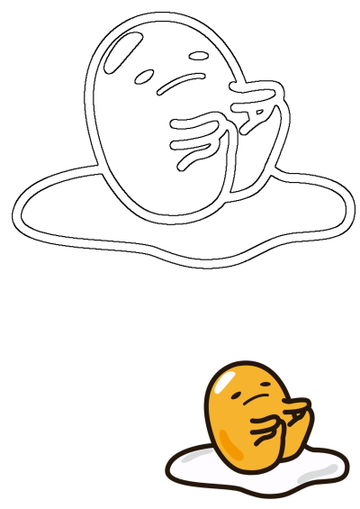 Gudetama, the lazy egg cartoon character, covers its face, depicted in both vibrant color and a clean line art outline.