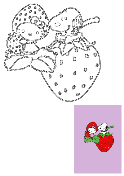Hello Kitty wearing a strawberry hat and Snoopy together on a large strawberry in a charming cartoon illustration.