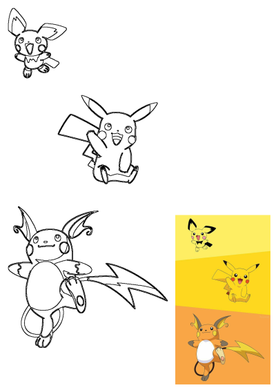 Pichu, Pikachu, and Raichu Pokemon evolution line, featuring both outline and colored characters on a vibrant yellow-orange background.