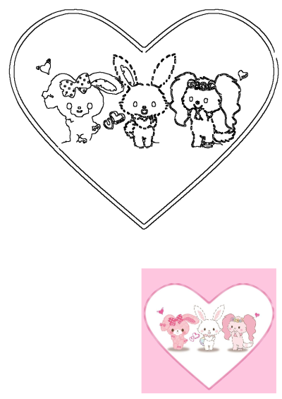 Line art of three adorable cartoon animal friends, like bunnies and fluffy creatures, inside a heart shape with small hearts.