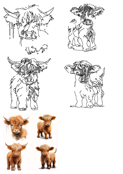 Highland cow clipart sticker set featuring cute farm life animals, including fluffy brown calves in watercolor style and black line art outlines.
