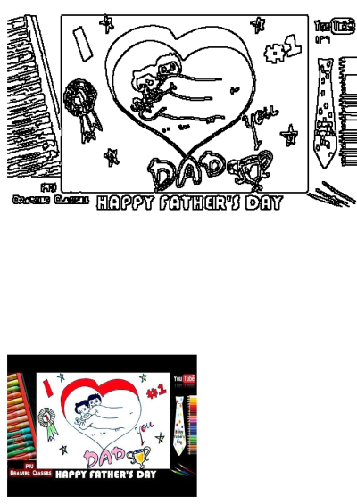 A vibrant Father's Day card design showing a father and child in a heart, surrounded by art supplies like crayons and colored pencils.