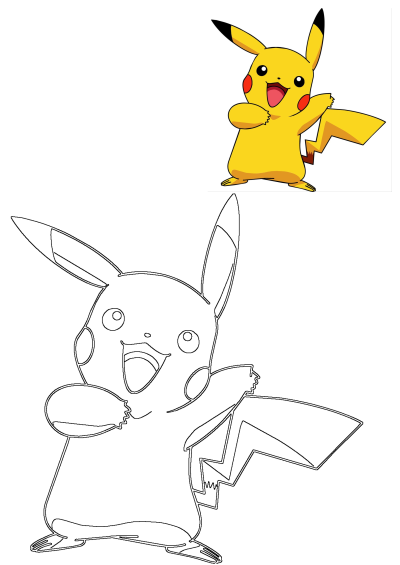 A smiling Pikachu Pokemon character illustration featuring both a bright, full-color version and a detailed black-and-white outline.