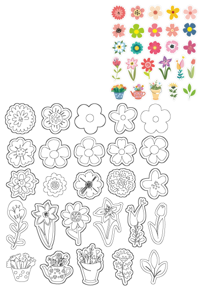 Vibrant flower sticker sheet featuring diverse colorful floral designs and bouquets, presented with matching black outline versions on a white background.