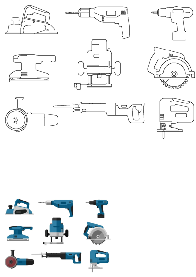 Vector illustration featuring various power tools, including drills, circular saws, planers, and sanders, presented in both outline and colored styles.