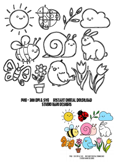 Cute cartoon outline clipart featuring sun, cloud, ladybug, bee, butterfly, snail, rabbit, bird, and flowers on white.