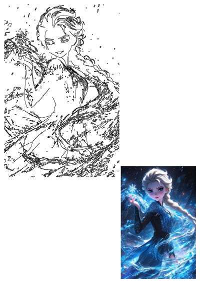 Elsa, the iconic Ice Queen from Frozen, depicted in a magical artwork, creating a shimmering snowflake amidst swirling blue icy powers.