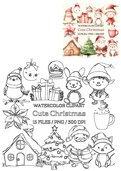 Adorable Christmas watercolor clipart bundle with Santa, elf, animals, gingerbread house, Christmas tree, gifts, and festive decor.