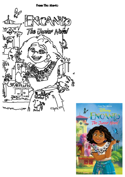 Mirabel Madrigal smiles on the Encanto Junior Novel cover, wearing glasses in front of Casita, shown in vibrant color and outline.