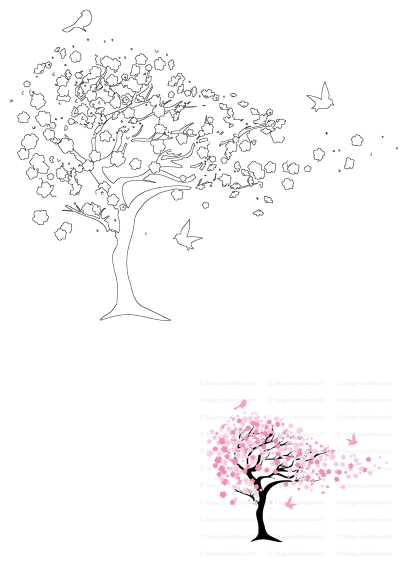 Detailed line art of a graceful cherry blossom tree with abundant pink flowers and three birds depicted in elegant flight.