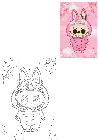 A cute pink monster cartoon illustration with big ears, sparkly eyes, a toothy grin, and a lovely flower crown against a pink floral background.