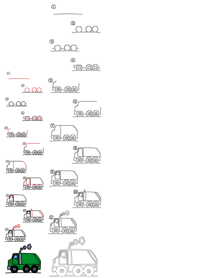 A visual guide demonstrating how to draw a garbage truck with 11 steps, from initial outlines to a final colored drawing.
