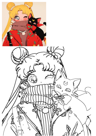 An adorable anime illustration featuring Sailor Moon in a red floral jacket and thick scarf, winking with her black cat, Luna, perched on her shoulder.