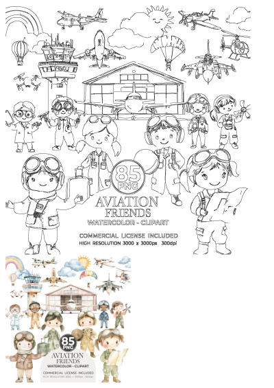 Cute watercolor aviation friends clipart features planes, helicopters, airport structures, and diverse kids in aviation roles.