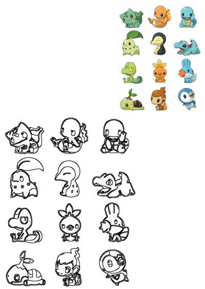Colorful Pokemon starter stickers featuring classic and modern characters, with corresponding outlines perfect for creative coloring.