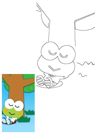 Cute cartoon frog, like Keroppi, sleeping under a tree with closed eyes. This image features both the vibrant cartoon and its outline.