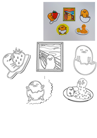 Colorful Gudetama egg character stickers including designs with a strawberry, 'The Scream' parody, hatching egg, and chicken/fried rice scenes.