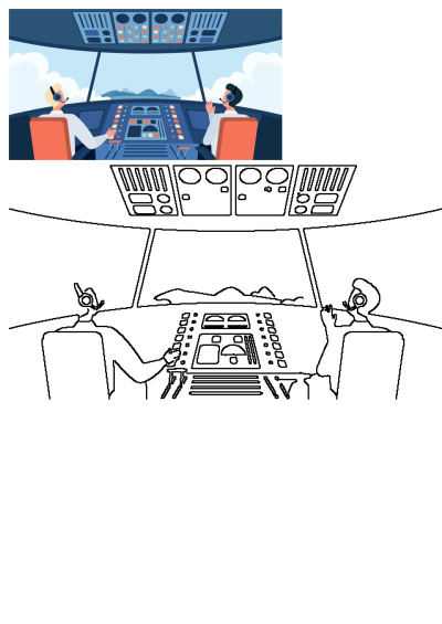 Two pilots wearing headsets are talking in an airplane cockpit, surrounded by controls, with clouds and landscape visible outside.
