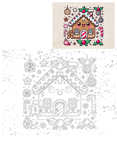 Cute, smiling gingerbread house illustration with colorful icing, candy canes, gingerbread man, holly, and festive Christmas ornaments, presented with its detailed outline version.