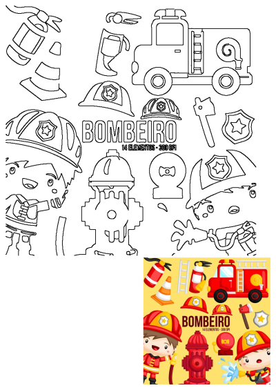 Vibrant firefighter clipart set with cartoon firemen, truck, hydrant, helmets, and tools. Includes line art outlines for creative projects.