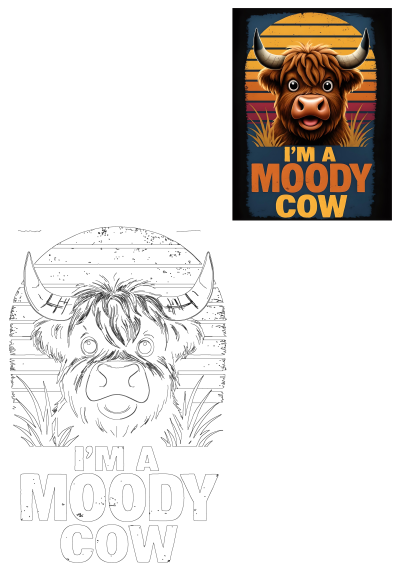 Vibrant Moody Highland Cow with playful expression against a retro sunset background. Perfect for animal lovers and retro design.