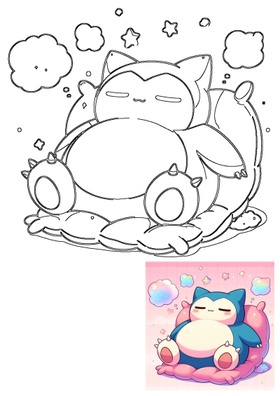 A cute sleeping Snorlax cartoon is shown resting on soft, cozy inflatable pillows, surrounded by whimsical clouds and stars.