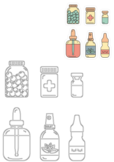 Cute pharmacy bottle sticker decals and outlines featuring diverse medicine, dropper, and spray designs, ideal for Hydro Flasks, laptops, cars.