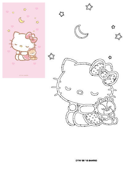 Hello Kitty in a pink polka dot dress cuddles a teddy bear, sleeping under a moon and stars on a soft pink background. Also an outline version.