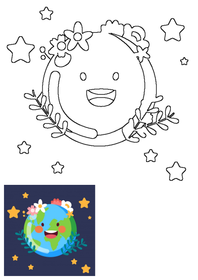A happy cartoon Earth illustration, outlined in black and white, adorned with beautiful flowers and lush leaves, surrounded by twinkling stars.