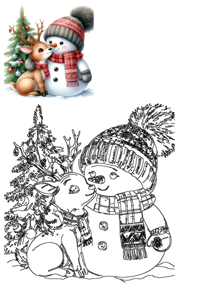 Charming winter illustration of a snowman and a deer nuzzling by a Christmas tree, presented in both colored and outline art.