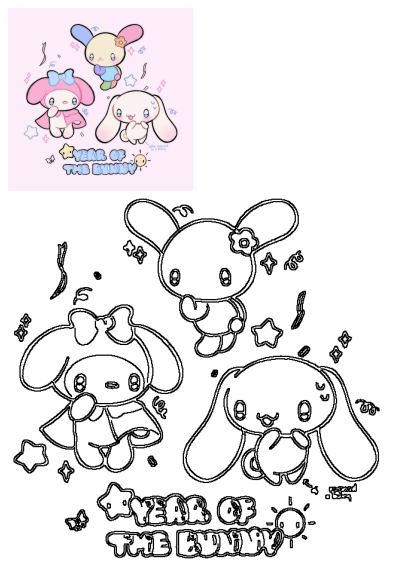 An adorable illustration featuring Sanrio's My Melody, Cinnamoroll, and a colorful bunny, celebrating the Year of the Bunny with stars.