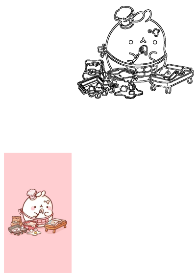 A cute cartoon character wearing a chef's hat and apron is cooking with eggs, flour, and a cookbook on a pink background.