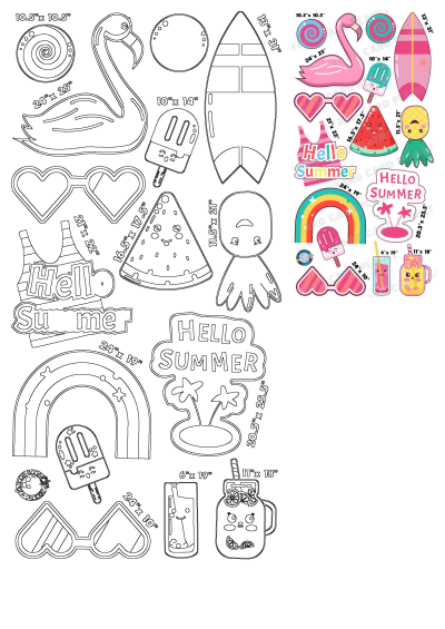 Outline templates for summer stickers featuring a flamingo, watermelon, surfboard, popsicles, rainbow, sunglasses, and Hello Summer themes.