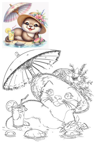 Cute otter with summer hat and lemonade on a beach, featuring both a vibrant illustration and a coloring page outline.
