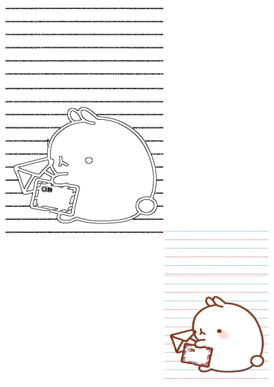 Two Molang illustrations: a cute colored rabbit reading a letter on lined paper, plus an outline drawing in a football helmet.