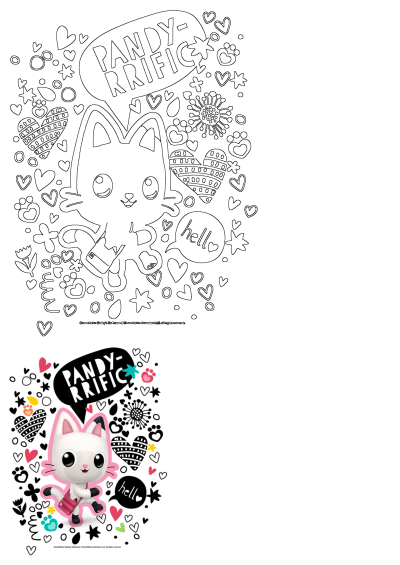 Pandy Paws from Gabby's Dollhouse in a charming heart-filled illustration, featuring both a line art outline and vibrant colored artwork.