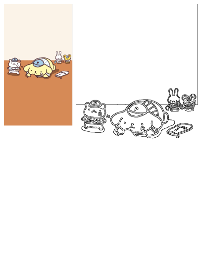 Sad Pompompurin and friends cartoon characters, with Pompompurin lying down next to a bear, rabbit, and mouse, and a skateboard.