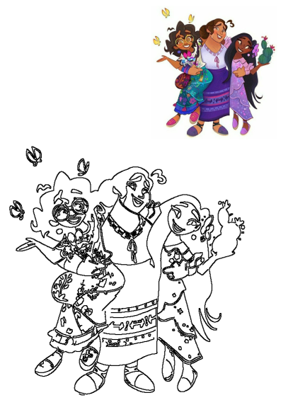 Encanto sisters Mirabel, Isabela, and Luisa, smiling together in a colorful illustration and a line art outline for fun coloring.