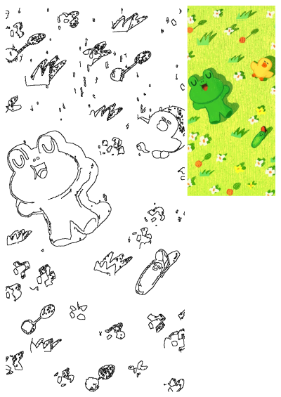 A cute green frog and yellow duckling illustration in a vibrant flower garden, with playful character outlines.