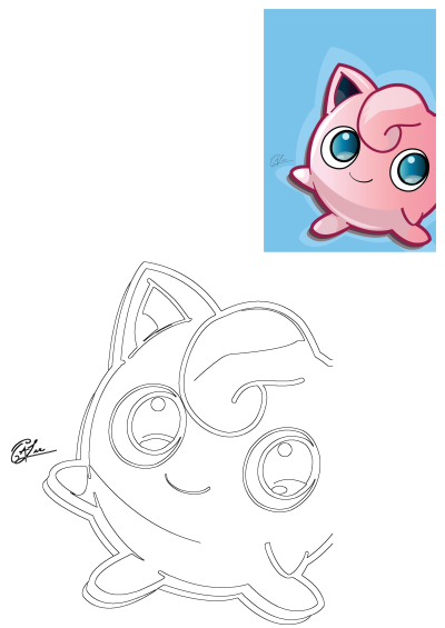 Pink Jigglypuff Pokemon character with blue eyes. Includes a vibrant colored illustration on a blue background and a crisp outline version.