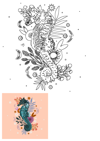 Intricate seahorse art with graceful florals, twinkling stars, and crescent moons, ideal for a New Year themed design.