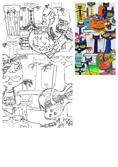Detailed Pete the Cat drawing featuring characters celebrating Halloween with pumpkins, guitars, music, and groovy cool cat fun.